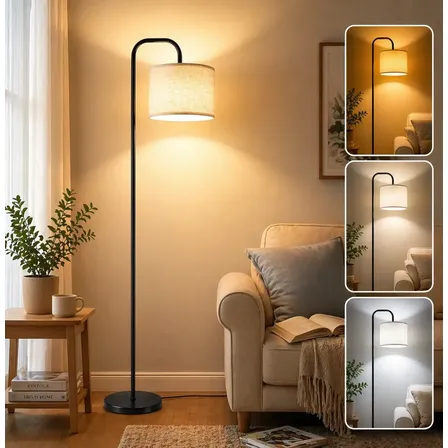Luminária de Chão E27 60W Sem Lâmpada, Luminária de Cabeceira Moderna com Cúpula de Linho, Luz Suave para Sala, Quarto e Escritório, Abajur de Piso com Interruptor de Pedal, Tieesa Preto