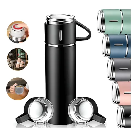 Kit Garrafa Térmica 500ml + 3 Xícaras – Preto